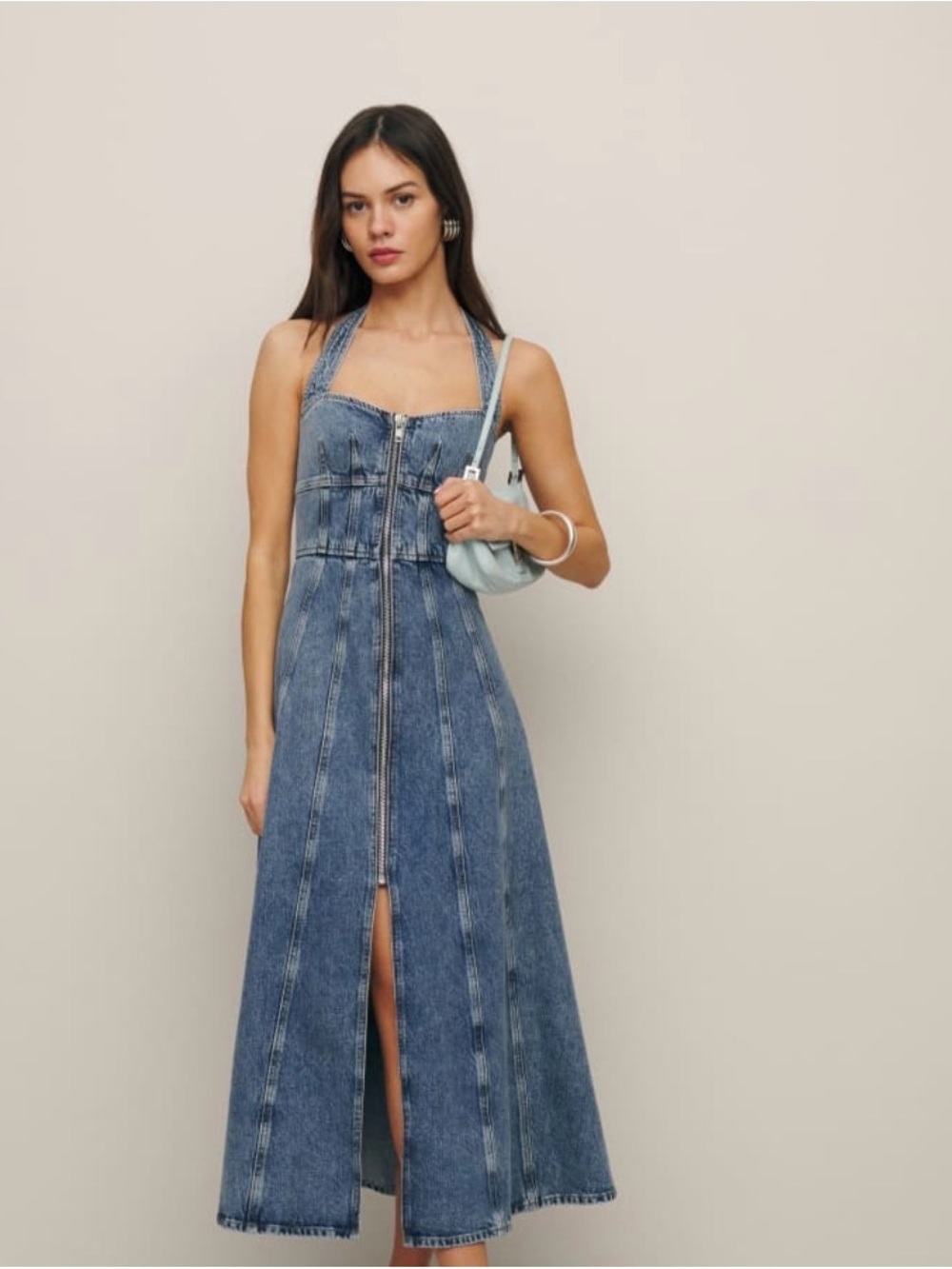 Reformation Blue Denim Halter Maxi with Front Zip